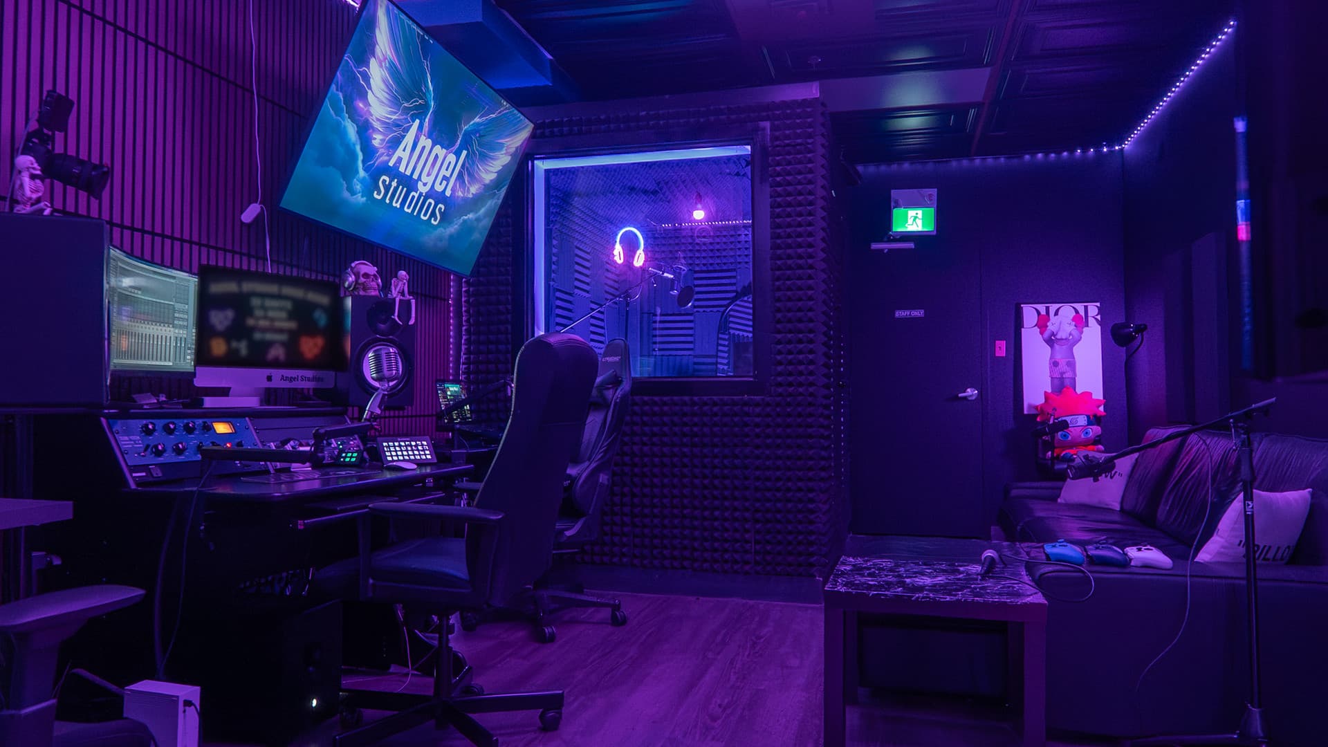 Lush Records recording booth — Sony C800G, Neumann U87, purple LED wash